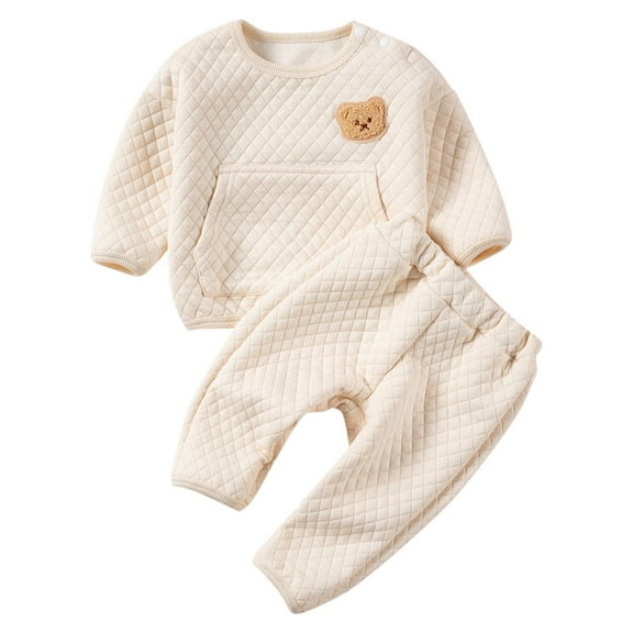 Ugoldhm Baby's Cute Outfit Set Quilted Embroidered Fleece Lined Top and Pant Thermal 2 Piece Set