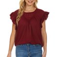 thumbnail image 2 of Mujer Top Volantes Manga Corta Cuello Redondo Color Puro Casual Señora Jersey Blusa para Citas Trabajo Diario Vino Rojo S, 2 of 6
