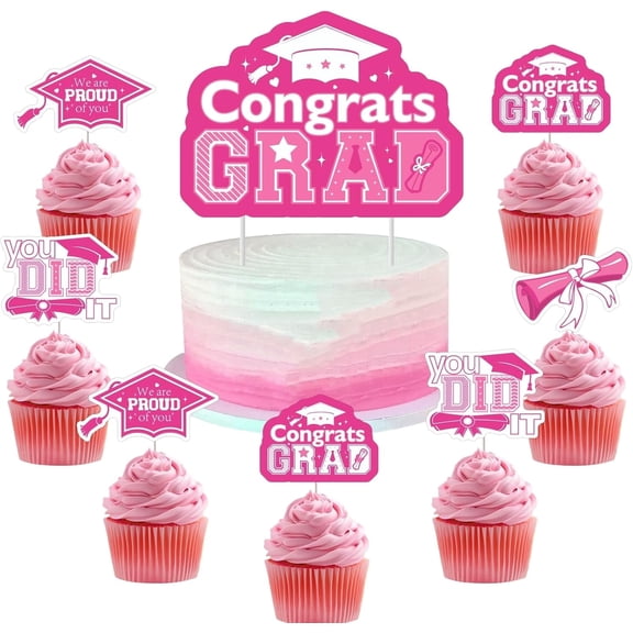 Wonmelody Graduation Decorations Hot Pink 2026 Congrats Grad Cake Cupcake Toppers Congratulations Grad Cake Topper We Are So Proud of You Decor for Class of 2026 Senior High School College Graduation