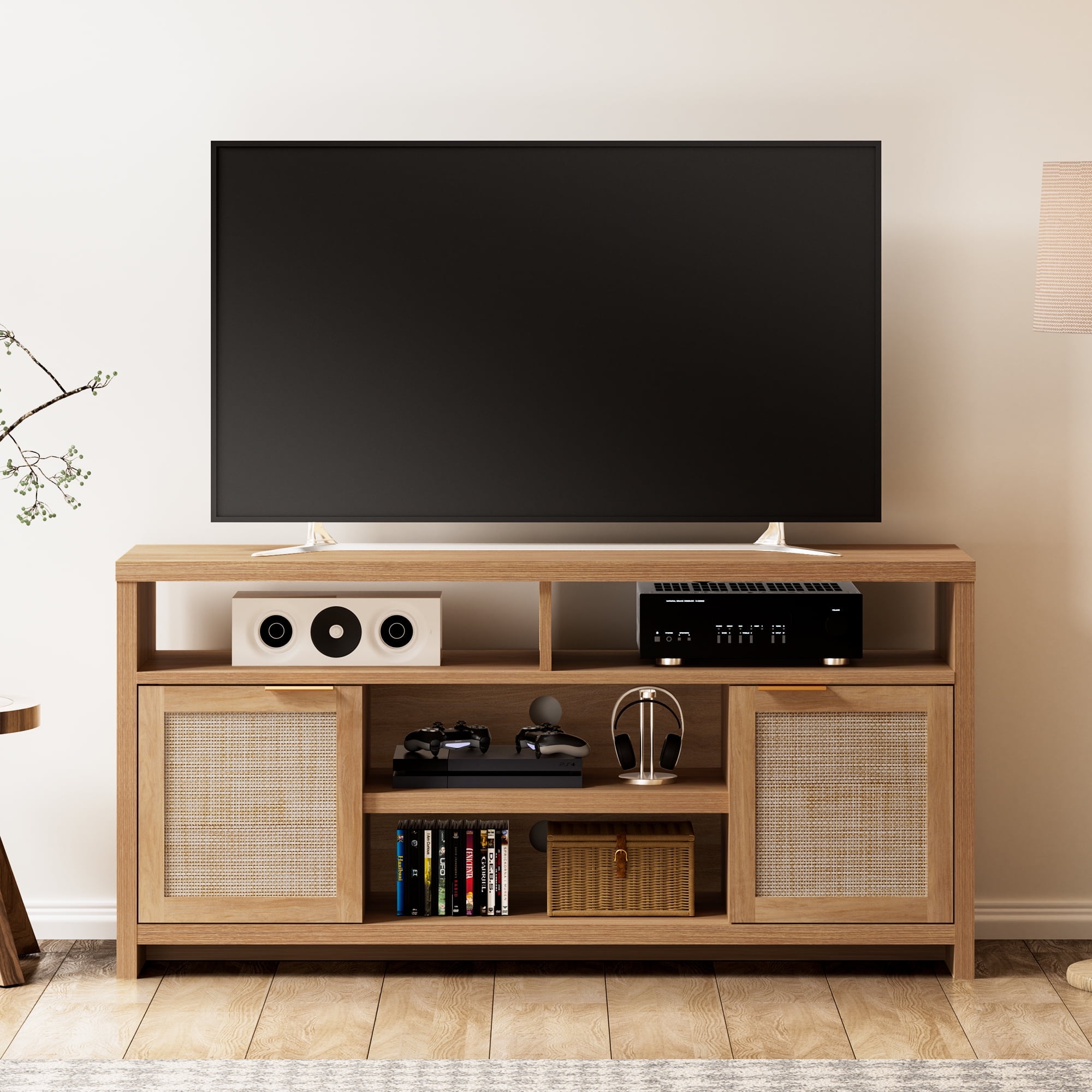 ARKANTOS Rattan TV Stand for 65 inch TV,Tall TV Console for Living Room,Natural Oak