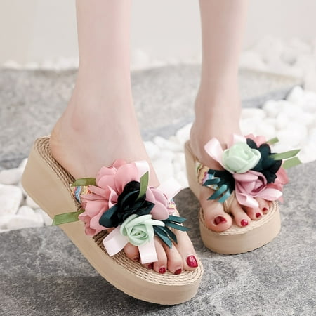 

〖Yilirongyumm〗 Pink 40 Slippers For Women Sandals Women Home Beach Breathable Slipper Weave Shoes Wedges Flip-Flops Flower Women s Slipper