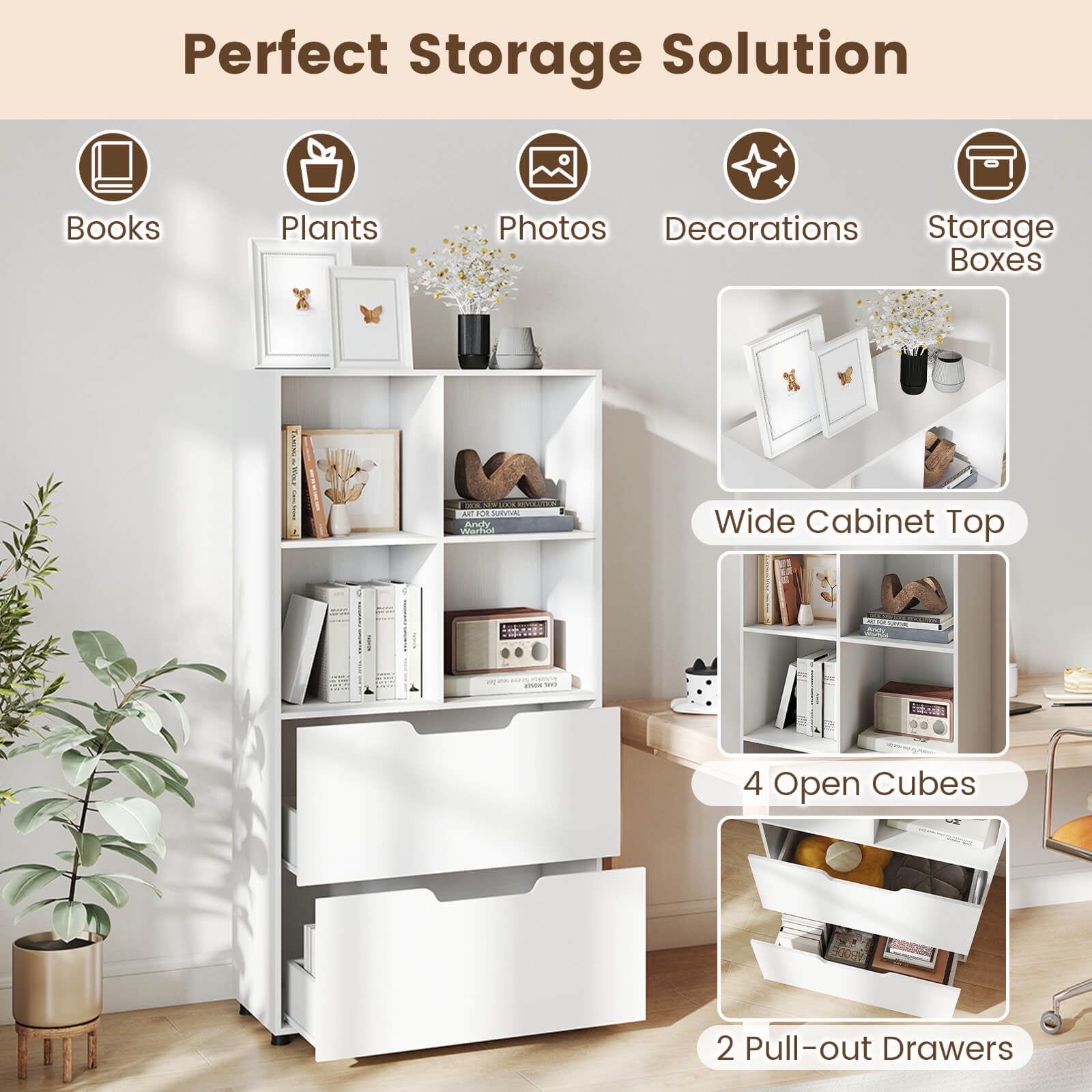 Costway 51” 5-Tier 4-Cube Bookcase with 2 Drawers for Living Room, Study, Home Office White