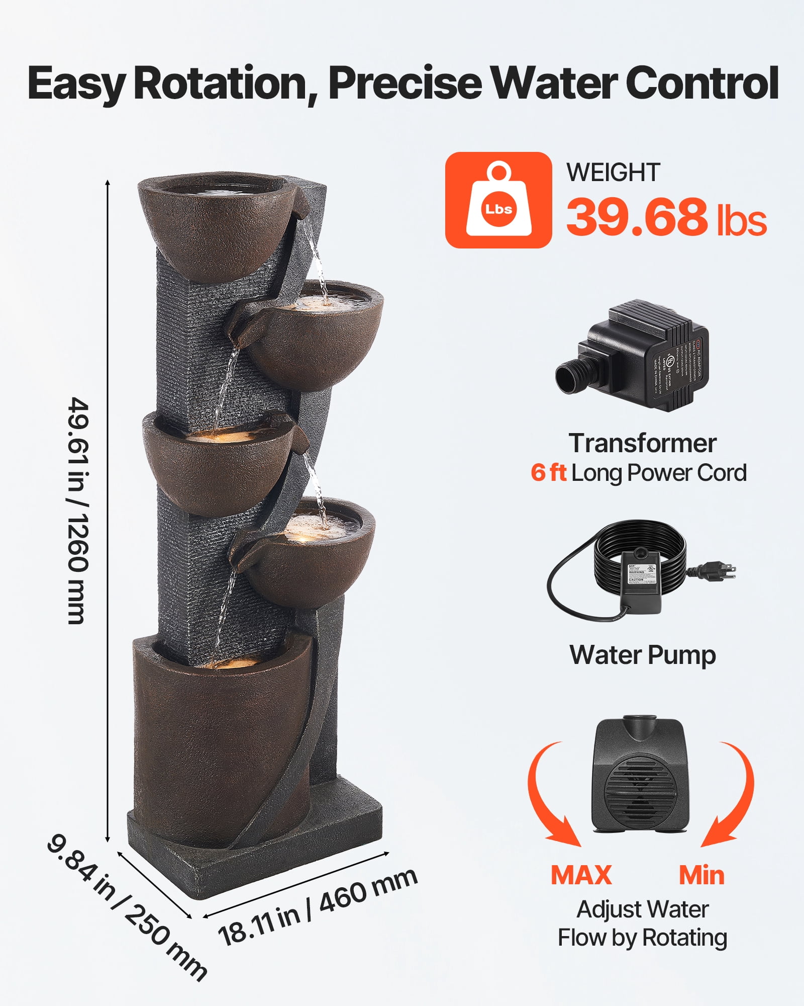 VEVOR Outdoor Water Fountain, 49.61 in Height Fountain and Waterfall, 5-Tier Floor Standing Jar-Shaped Cascading Fountains with LED Light and Pump, for Outdoor Indoor Garden, Home, Patio & Backyard