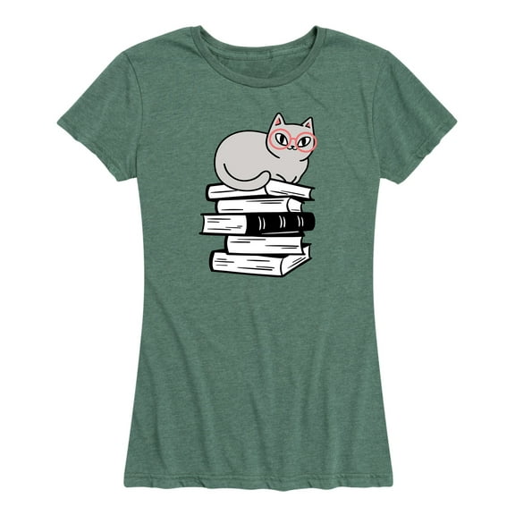 Instant Message - Cat On Books - Women's Short Sleeve Graphic T-Shirt