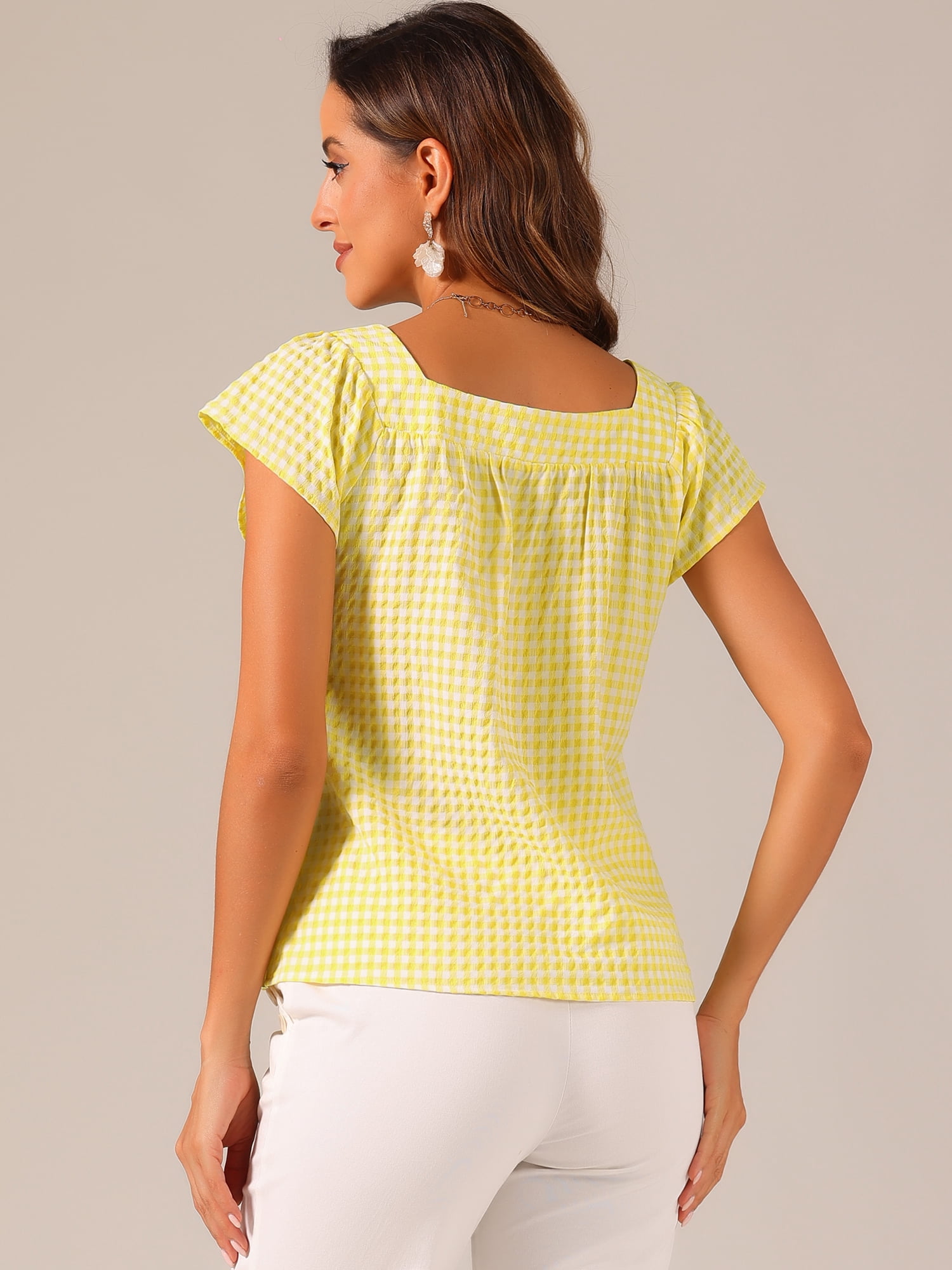 DARING DIVA Women's Summer Square Neck Gingham Cap Sleeves Blouses XS Yellow