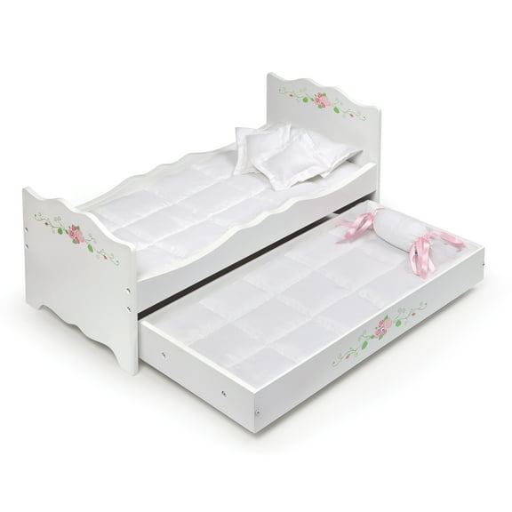Doll Bed with Trundle and Bedding - White Rose