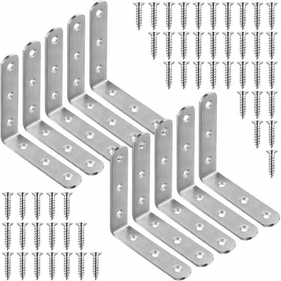 10 Pack 4 x 4 Inch Stainless Steel L Brackets – Heavy Duty 90 Degree Corner Support Braces for Shelves, Cabinets and Wood Frame Reinforcement with Screws