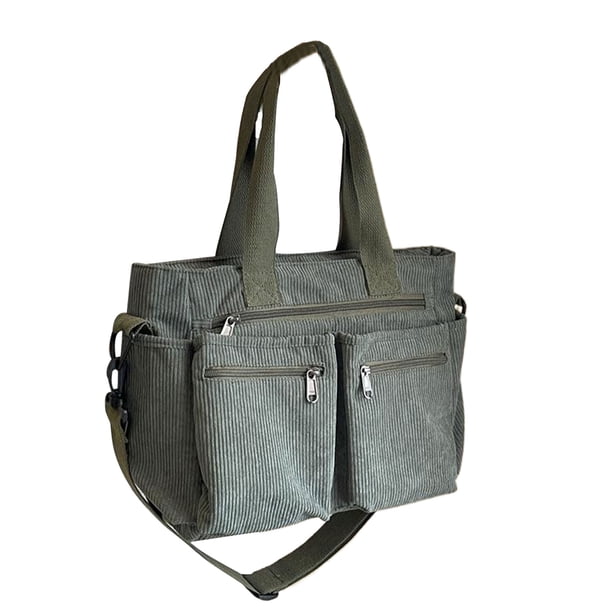 Bolso de hombro Minnieouse para mujer tela de pana plegable y fácil de llevar a rayas Verde militar