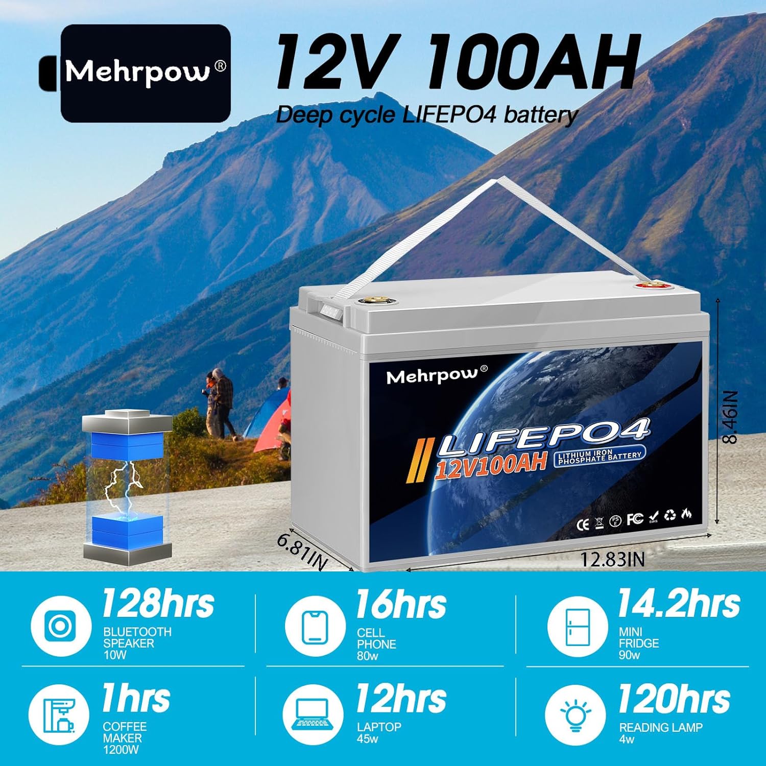Mehrpow 12V 100Ah Bluetooth LiFePO4 Battery, 100Ah Lithium Battery with 100A BMS, 12V Lithium Batteries 15000+ Cycles at 100% DOD, Perfect for RV, Camping, Solar Panel System, Marine, Trolling Motor
