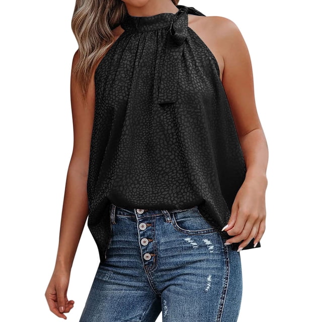 Gibobby Blusas Para Mujer Elegantes Chaleco sin mangas con estampado de leopardo y de cuello nuevo de verano para mujeres europeas y(Negro, M)