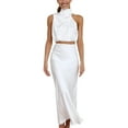 thumbnail image 2 of Two Piece Skirt Set Formal Satin Neck Sleeveless Solid Flowy Maxi Tank Top and Skirt Womens 2 Piece Outfits Summer White L, 2 of 7