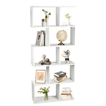 5-Tier Geometric Bookcase, Wooden S-Shaped Book Shelves Unit with Anti-collapse Device Design, Decorative Storage Display Stand Shelf for Home Office, White