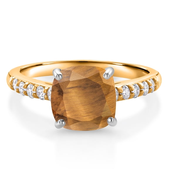 Gem Stone King 10K Yellow Gold Brown Tiger Eye and White Lab Grown Diamond Engagement Ring for Women (2.20 Cttw, Cushion 8MM, Gemstone Birthstone, Size 6)