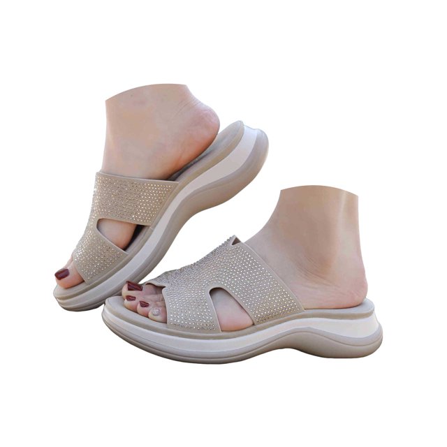 IUJSOY Womens Wedge Sandals Arch Support Platform Slippers Non-Slip Trendy Rhinestone Slip on Shoes