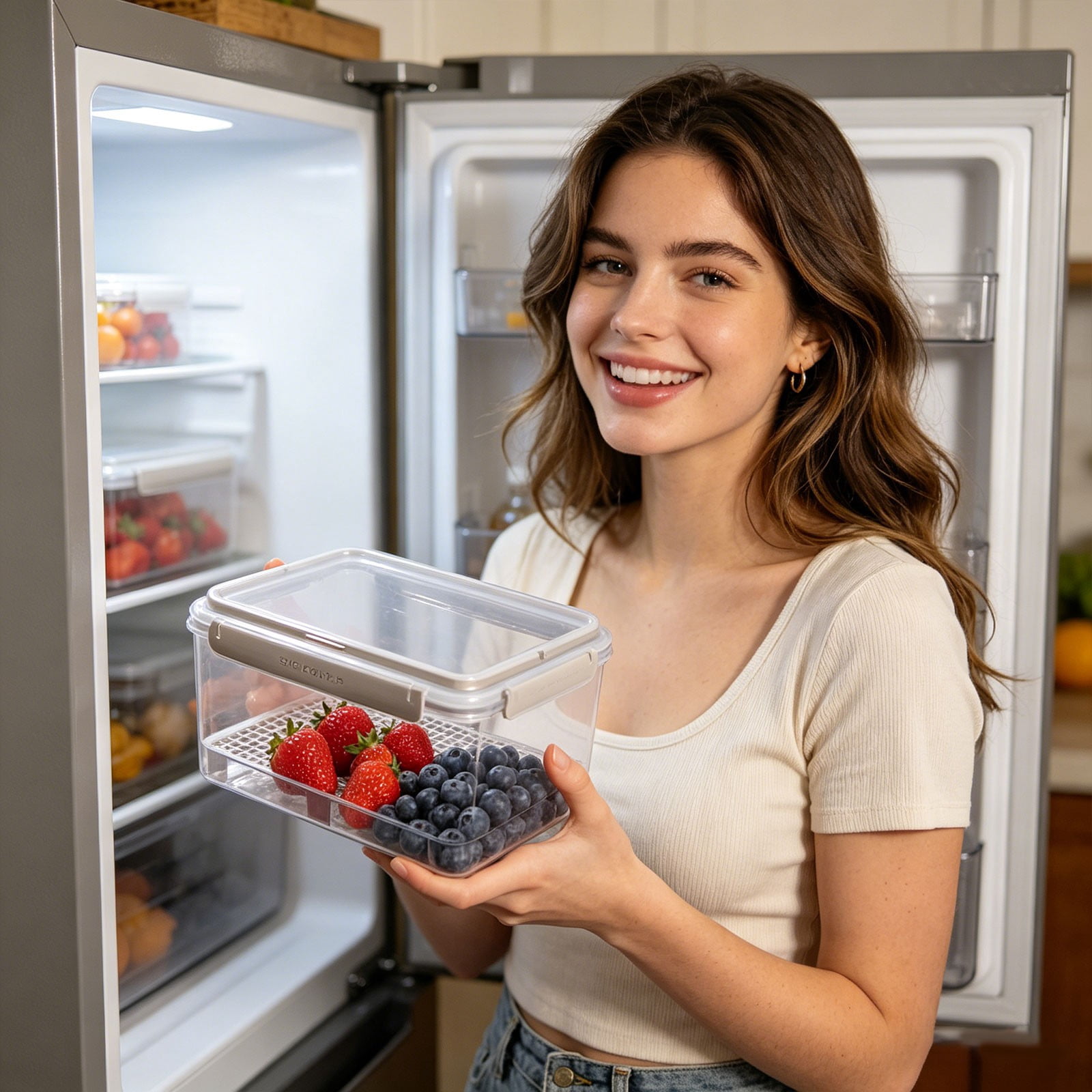 Large Fruit Containers for Fridge-1/1.59 Gal Leakproof Food Storage Containers with Removable Draining Layer-Dishwasher Safe Produce Containers for Fruits,Vegetables,Berry, 1Pc(Clear,9.2x6.7x5.9")