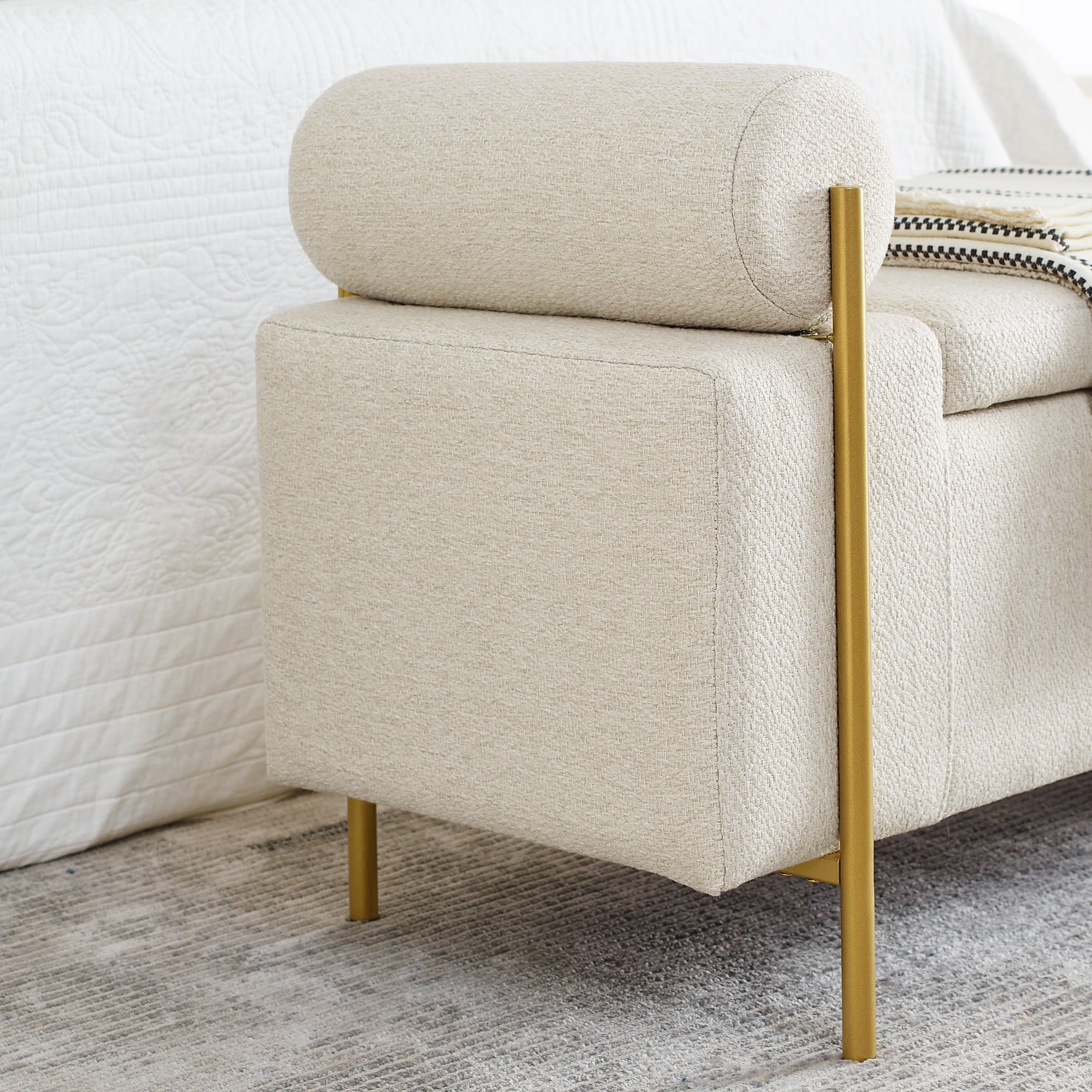 Gewnee Multifunctional Storage Bench - Soft Linen Cushion, Sturdy Iron Legs, Beige - Ideal for Window Seats & Ottomans