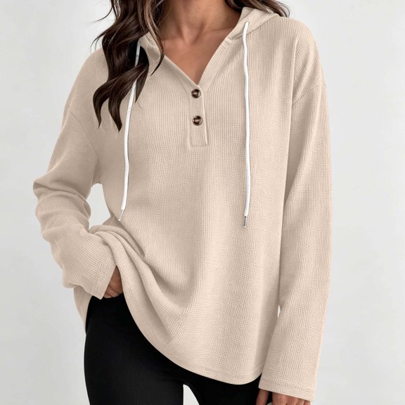 CQONEPT Waffle Knit Hoodies for Women Lightweight Comfy Pullover Tops Drawstring Long Sleeve Loose Fall Fashion Sweatshirts Blouse Beige M