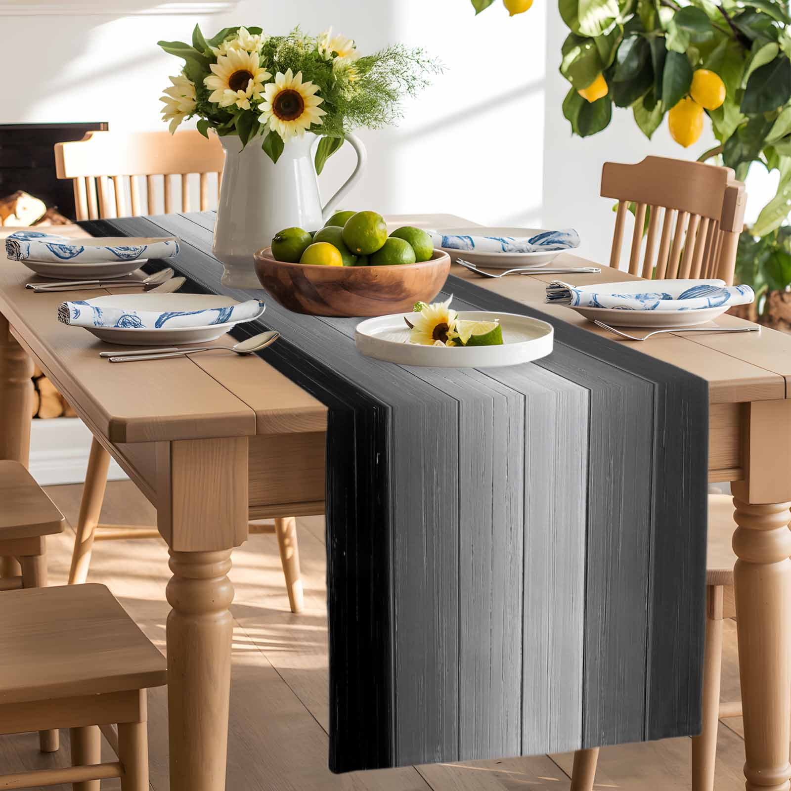 Black Gray Ombre Cotton Linen Table Runner for Dining Kitchen, Vintage Country Wooden Wedding Outdoor Party Tablerunners Decoration, Dresser Scarf Coffee Tablecloth Runners 13x72 Inches