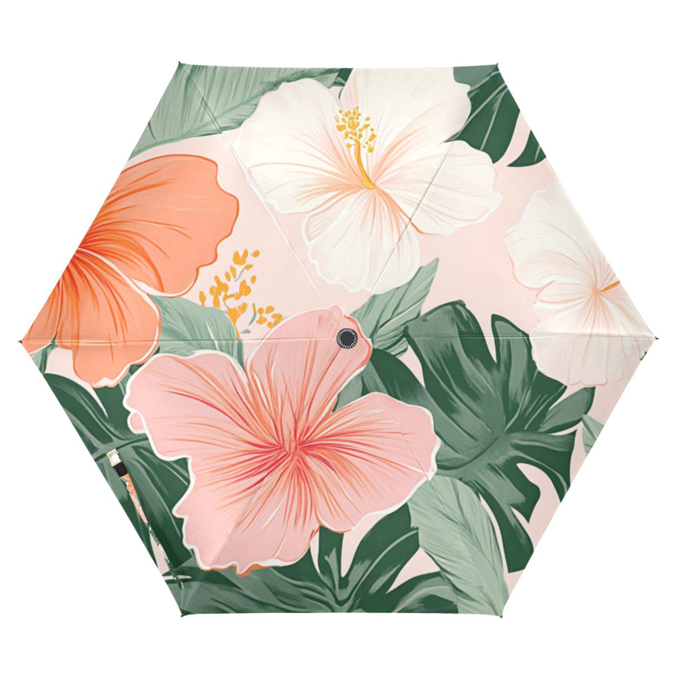Colorful Hibiscus Florals Palm Leaves Hawaii All Weather Umbrella Triple Folding Parasol 6 Ribs UV Protection Portable