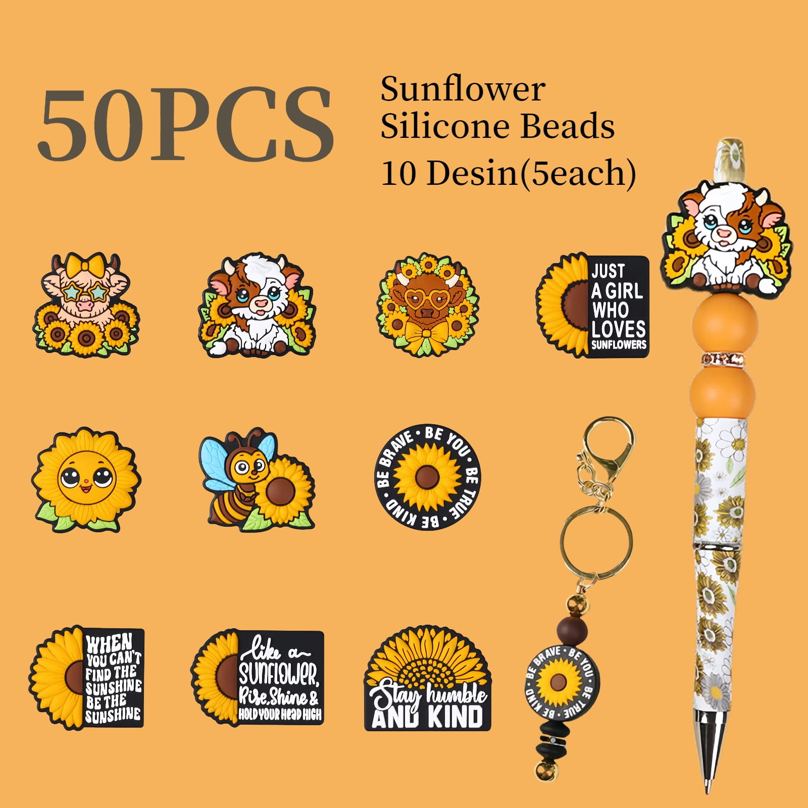 50PCS Sunflower Silicone Focal Beads for Keychain Making, DIY Bracelets, Pen Decor - Cute Floral Beads Jewelry Craft Supplies,Handmade Necklace Multi-Use Projects