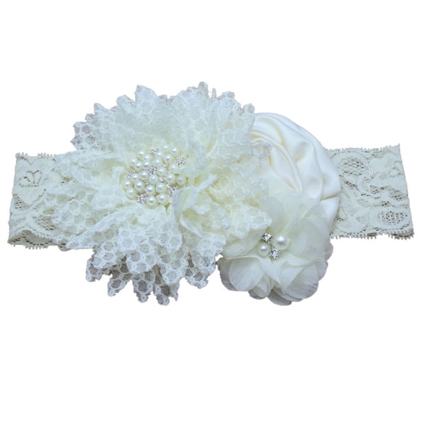 Diadema de encaje de perlas de lujo, elástica, con rosas, accesorio cómodo para el cabello (beige)