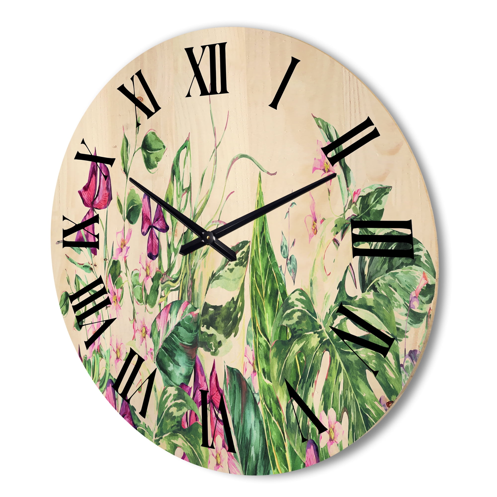 Designart 'Ancient Floral Tropical Leaves I' Tropical Wood Wall Clock
