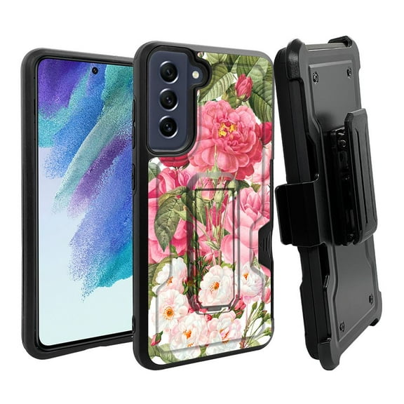 ANJ  Rugged Dual Layer Hybrid Holster Kickstand Case w/ Card Slot   Tempered Glass Cover for Samsung Galaxy S21 FE 5G - Garden Flowers