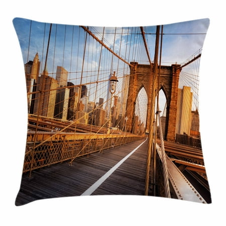- United States Throw Pillow Cushion Cover, Early Morning on Famous Brooklyn Bridge NYC Architecture, Decorative Square Accent Pillow Case, 16 X 16 Inches, Light Brown Grey Light Blue, by Ambesonne