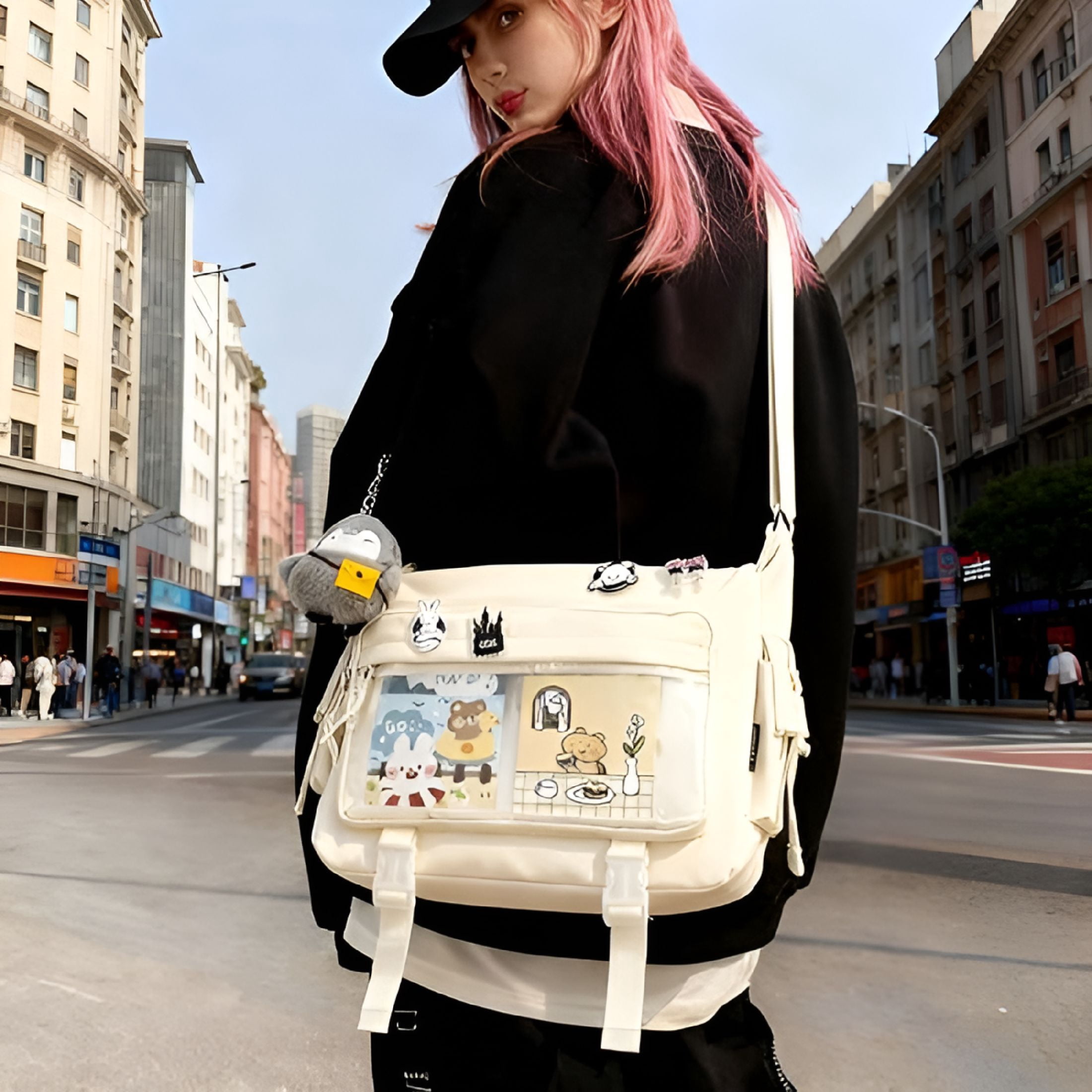 GASTROPOD Kawaii Crossbody Ita Bag for Women with Pin and Plush Penguin,Cute Messenger Bag Japanese Crossbody Bag