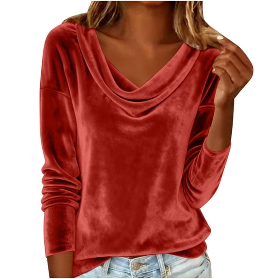 ZQGJB Plus Size Velvet Top for Women Elegant Cowl Neck Long Sleeve Dressy Casual Blouse Tunic Shirts Trendy Oversized Fall Spring Outfit Clothes Red#01 XXXL