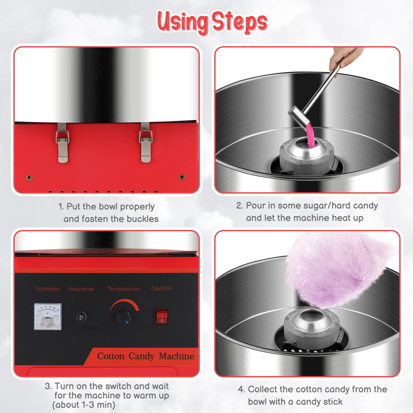 ROVSUN Cotton Candy Machine Maker 21 Inch Stainless Steel Bowl, Electric Candy Floss Maker Machine w/Sugar Scoop and Large Storage Drawer for Commercial Home Party Carnival, Red