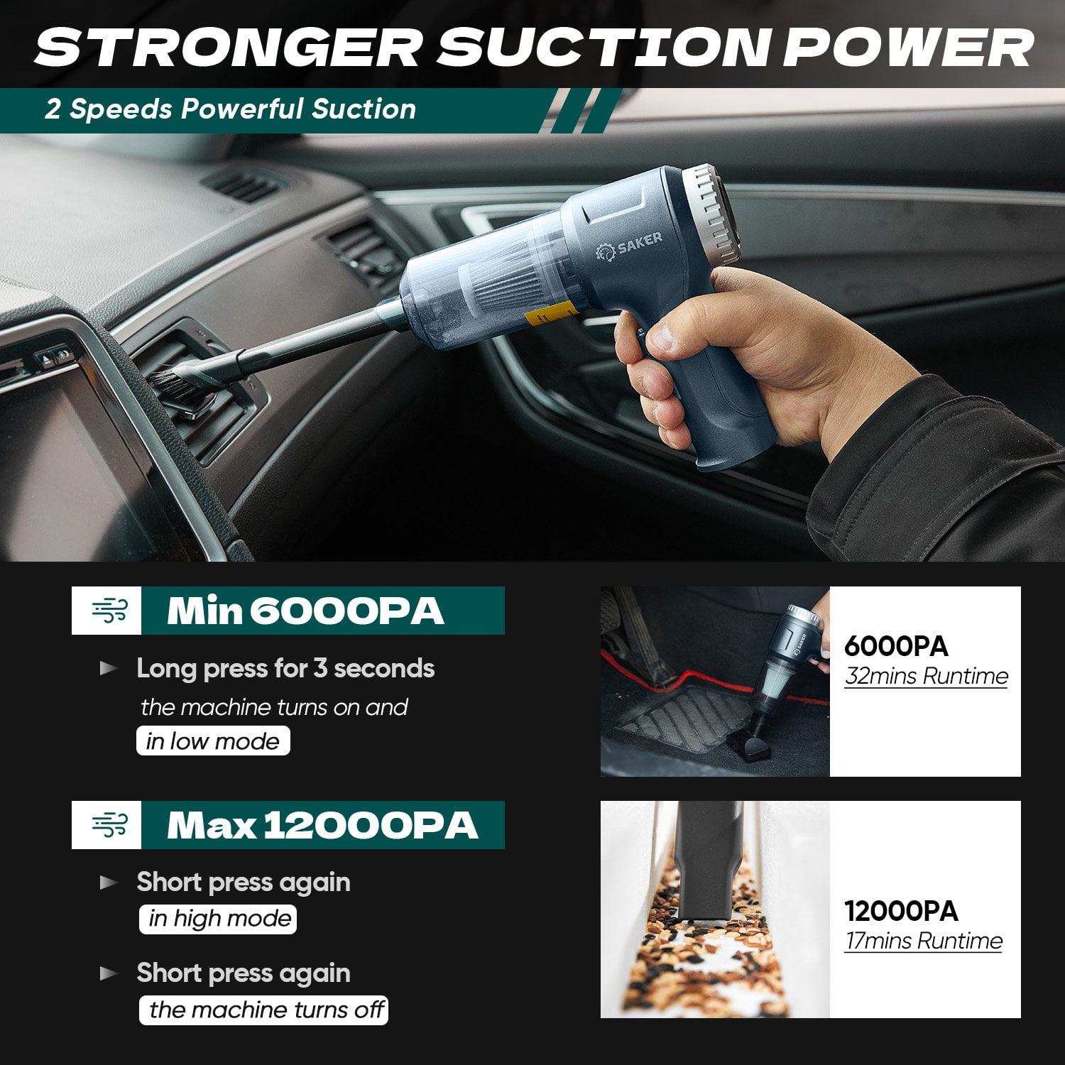 Saker 3-in-1 Cordless Vacuum Cleaner for Car, 12000PA Brushless Motor, Mini Handheld Vacuum with Air Blower for Car, Home, Office