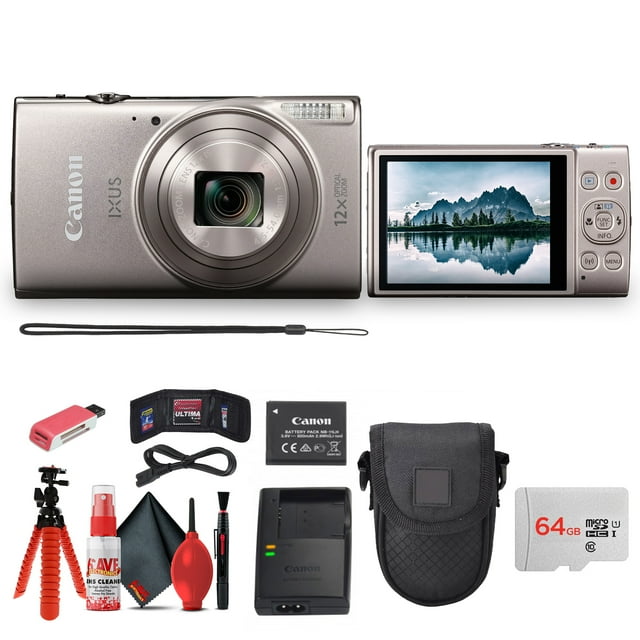 Canon PowerShot IXUS 285 HS Digital Camera 12x Zoom Silver Bundle 64GB Kit (International Model)