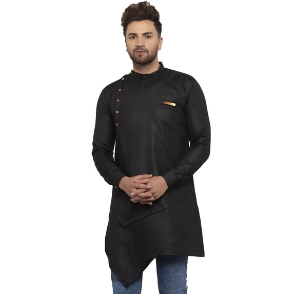 eloria Men's Trending Indian Traditional Solid Black Asymmetric Kurta