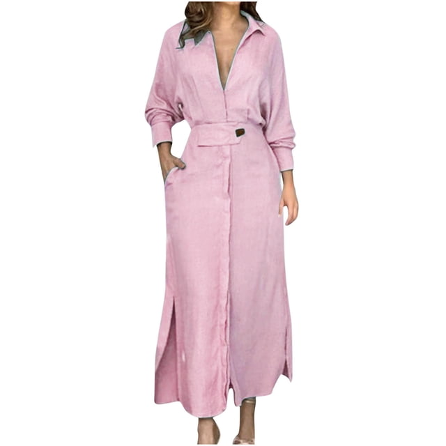 CEHVOM Robe Taille Haute à Manches Longues en Coton et Lin pour Femmes, Col Rabattu, Ample, en Solde
