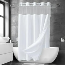 Ikfashoni White Hookless Shower Curtain with Snap in Liner, Waffle Weave Fabric No Hook Waterproof Mesh Window Bathroom Curtain, 72"X74"