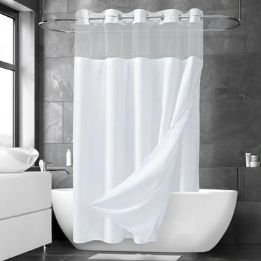 Ikfashoni White Hookless Shower Curtain with Snap in Liner, Waffle Weave Fabric No Hook Waterproof Mesh Window Bathroom Curtain, 72"X74"