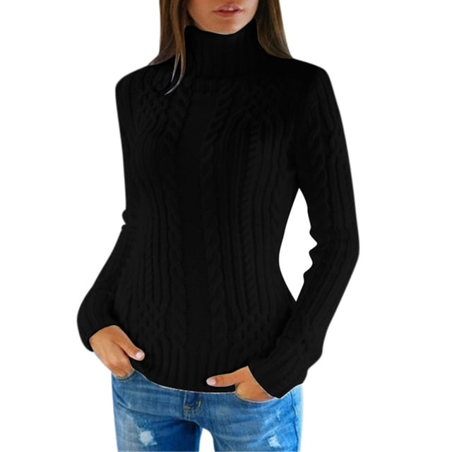 Pulls pour Femmes Tendance Ajusté Couleur Unie Col Roulé Manches Longues Tricot Mode Automne