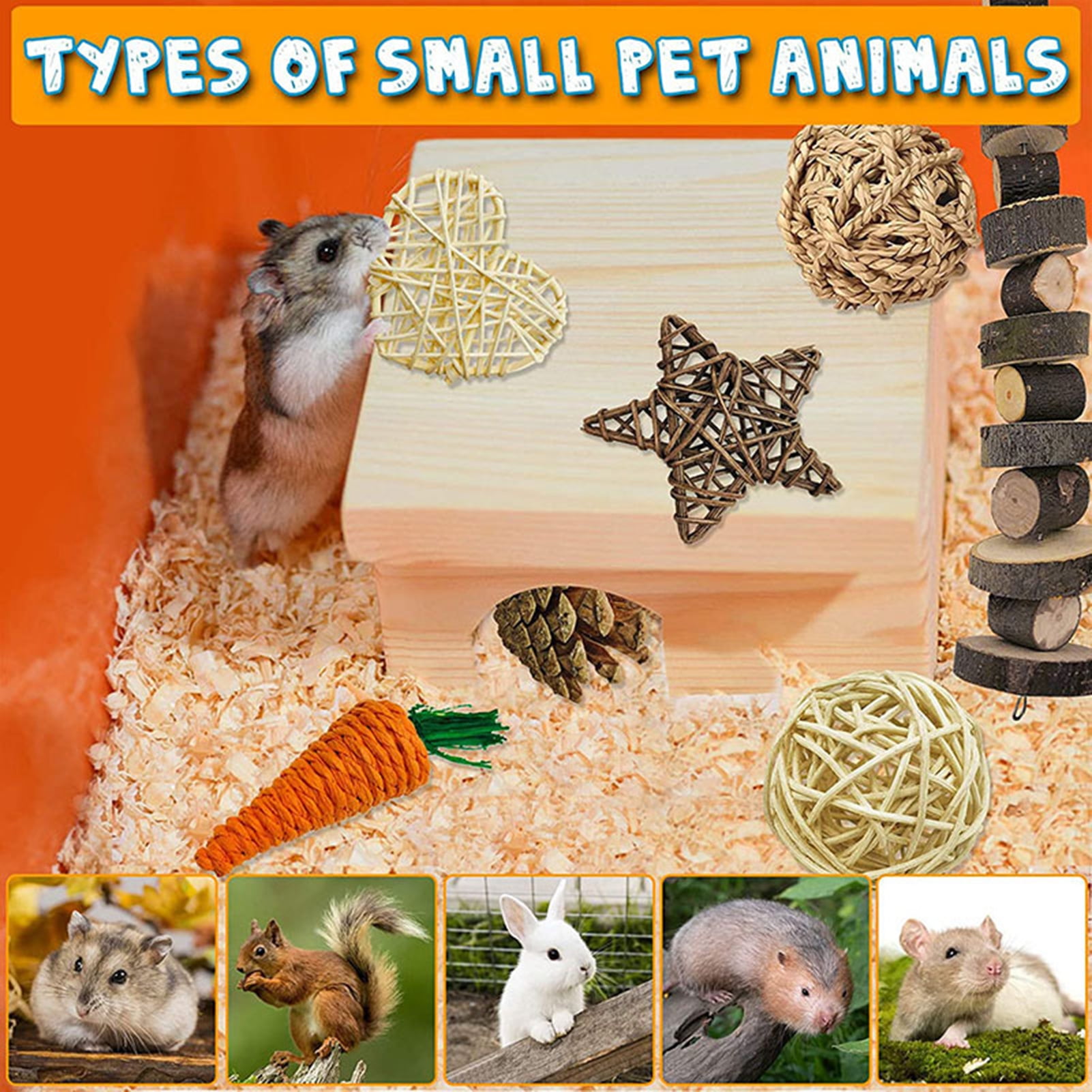 DOPI 7Pcs/Set Molar Toy Safe Eye-catching Wood Play Carrot Molar Toy Set for Small Animals