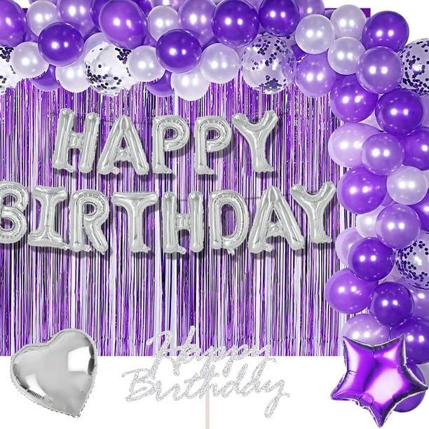 Kit guirlande de ballons d'anniversaire violet guirlande d'arche de ballons  ballons joyeux anniversaire argentés et décorations de gâteau pourpre femme  fille décorations de fête d'anniversaire 