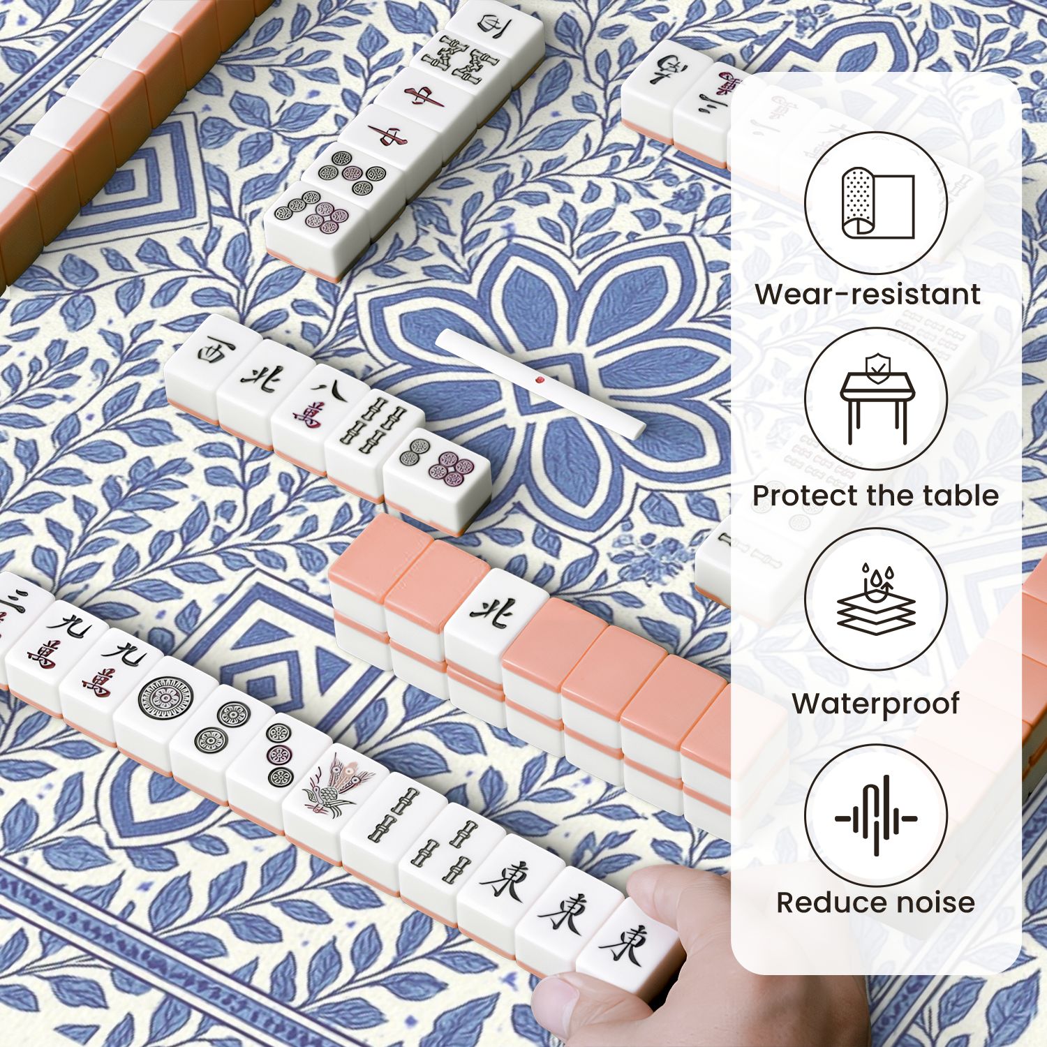 Mahjong Mat 31.5" x 31.5" Blue Floral Geometric Shapes Decorative Details Anti-Slip and Noise Reduction Symmetry Design Mahjong Tiles Table Cover for Dominoes Poker Card Board and Tile Games