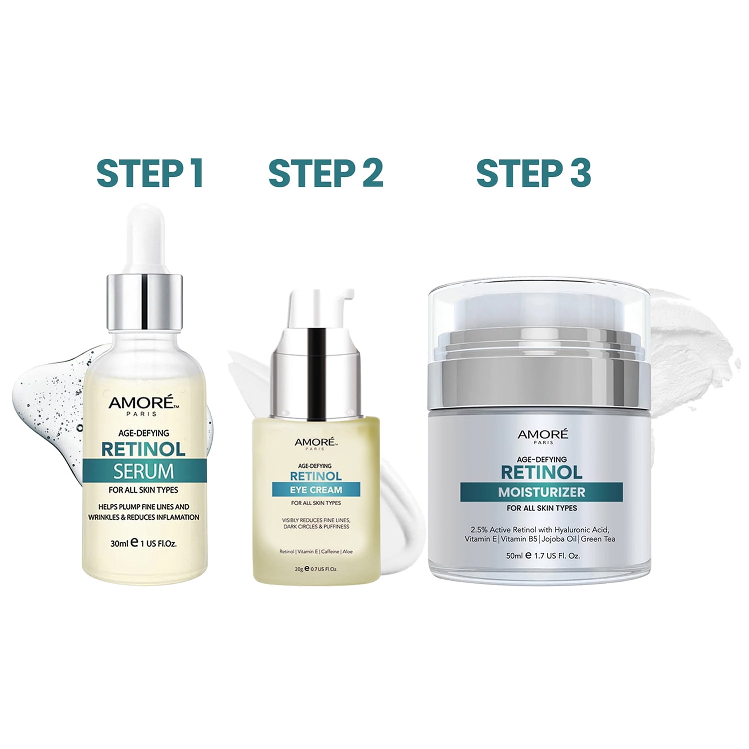 Complete Anti-Aging Skincare Set with Retinol Face Serum, Night Moisturizer, and Eye Cream