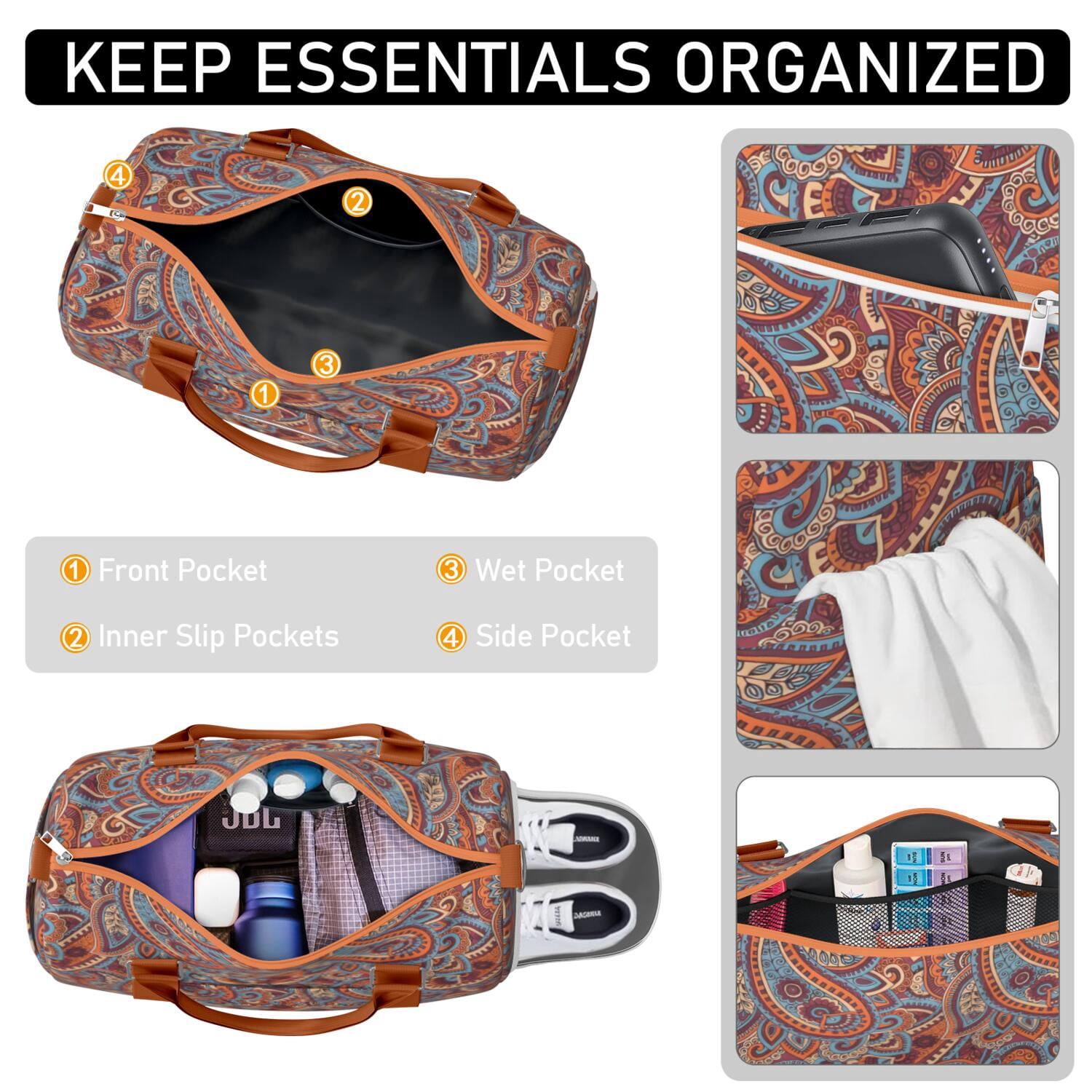 Boho Womens Gym Tote Duffle Bag with Wet Pocket & Shoe Compartment, Floral Checkered Travel Duffel Bag Overnight Weekender Hospital Tote Girls Workout Carry on Bag with Luggage Sleeve