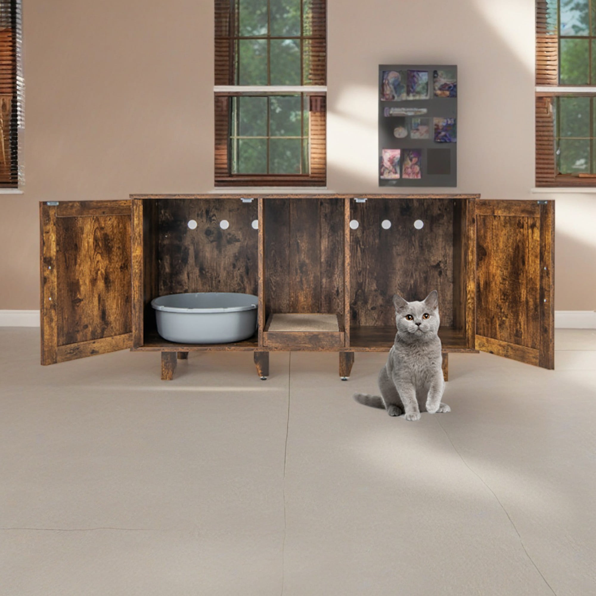 Kadyn 47" 2-Door Cat Litter Box Enclosure with Winding Entry and Scratching Board, Hidden Cat House Washroom Furniture, Dark Brown