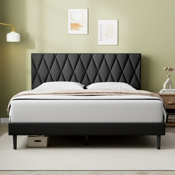 Queen Bed Frame, GELBIY Queen Size Platform Bed with Fabric Upholstered Headboard, Black, No Box Spring Needed