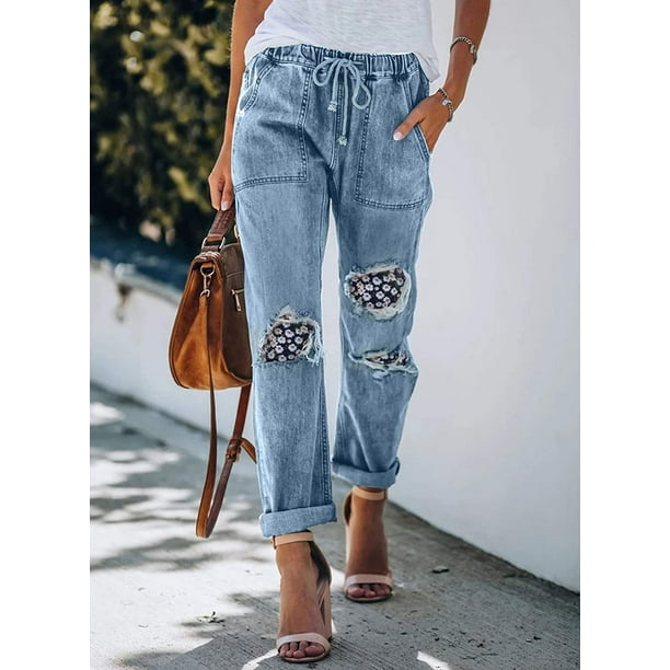 Womens Casual Baggy Straight Drawstring Jeans Elastic Waist Denim Pull On Straight Wide Leg Pants