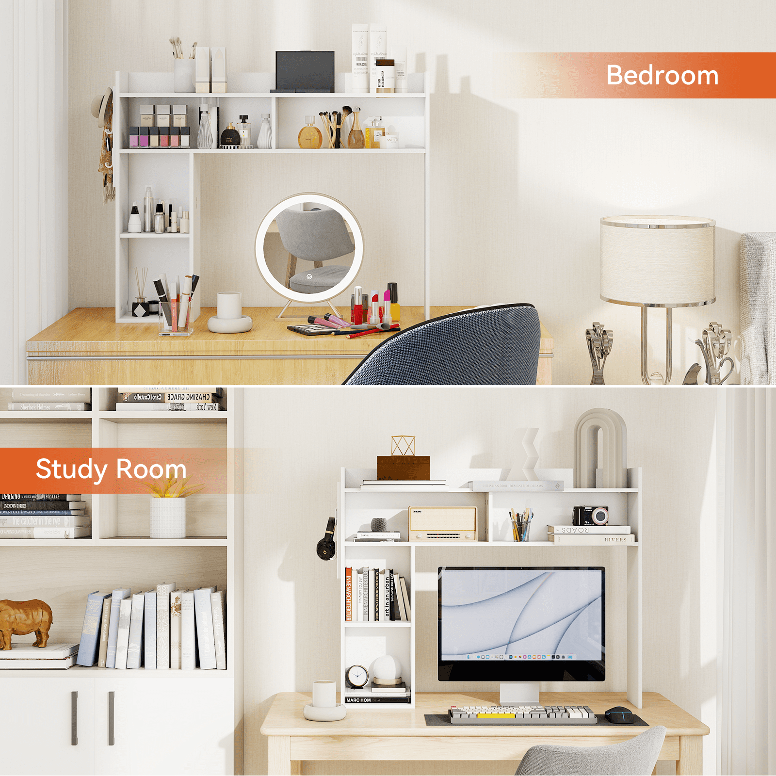 PULUOMIS Desktop Bookshelf, Desk Shelf for Computer Desk, 33.46" 5-Tier Adjustable Desktop Hutch Organizer with Pegboard for Home Office, White