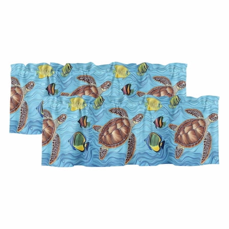 Sea Turtle Fish Curtain Valances for Windows Kitchen Valance Window Treatments Panel 2 Pack Coastal Nautical Ocean Rod Pocket Short Curtains for Bathroom Bedroom 54 x 18 Inch