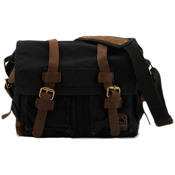 YOPTOP Vintage Military Leather Canvas Laptop Bag Messenger Bags Medium Boho Satchel School Bag,black,medium--13"