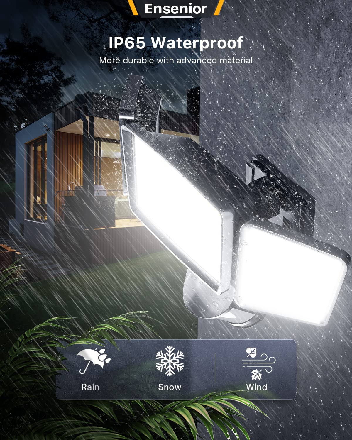 Ensenior 5 Motion Sensor Modes Solar Security Light, 1800LM 270° Wide Angle 3 Heads LED Flood Lights, IP65 Waterproof Wall Lights, Separate Solar Panel Remote Control Solar Lights Outdoor 2 PACK